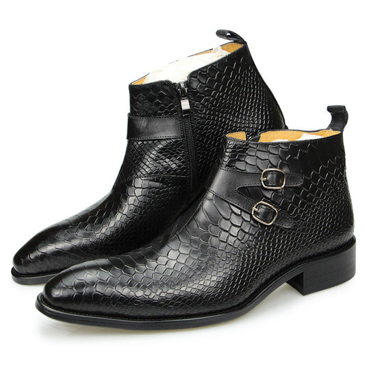 Cow Leather Ankle Zipper Men Boots Fashion Snake Print